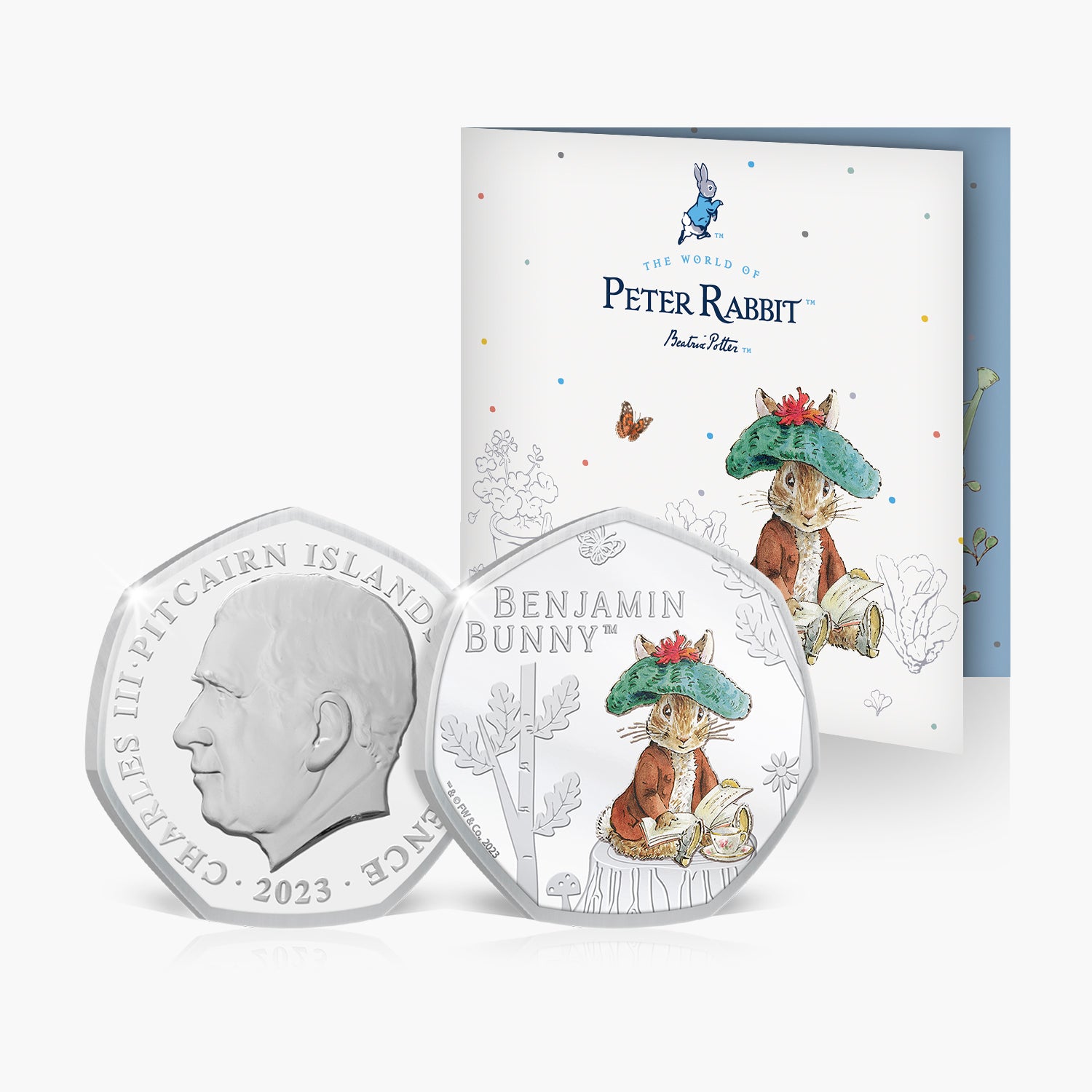 Moneda de color BU de 50 peniques El mundo de Peter Rabbit Benjamin Bunny 2023