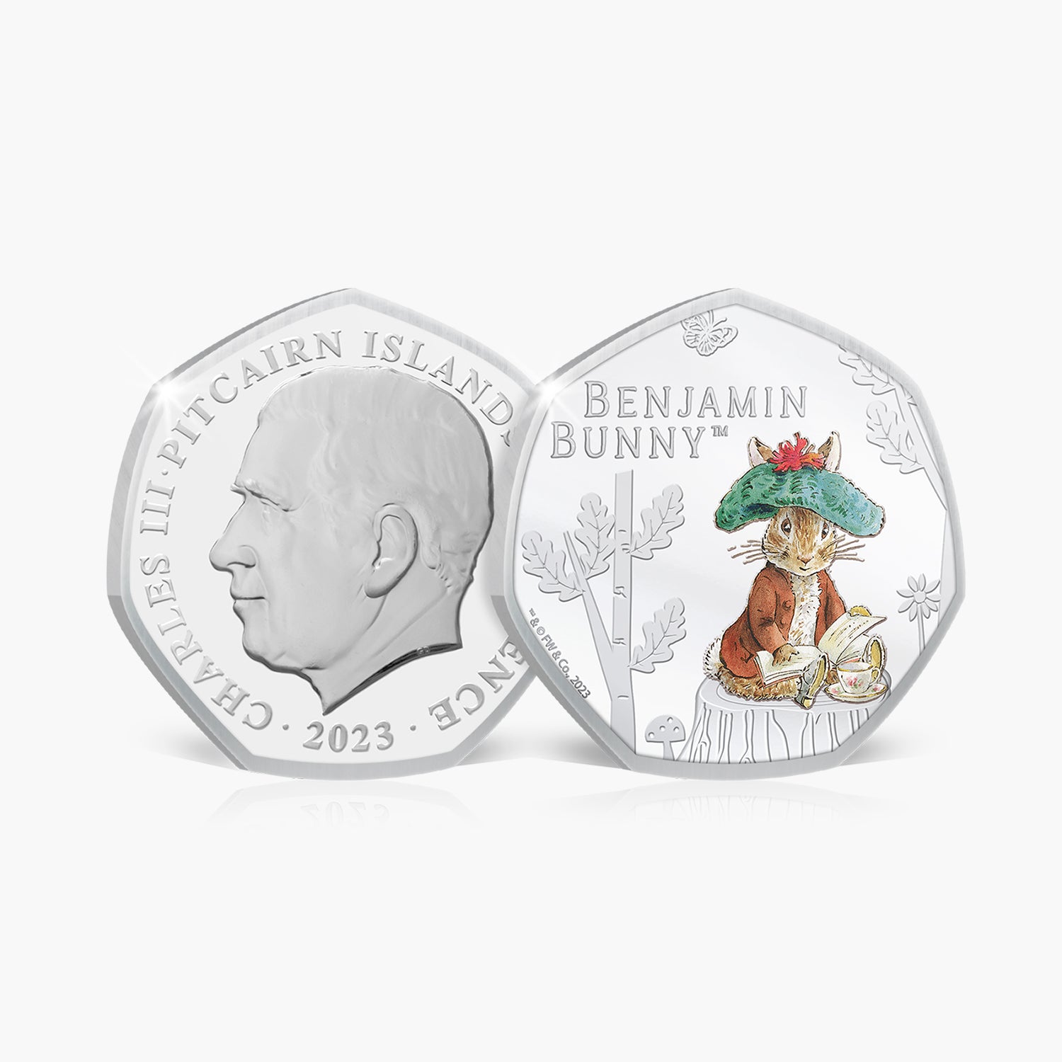 Moneda de color BU de 50 peniques El mundo de Peter Rabbit Benjamin Bunny 2023