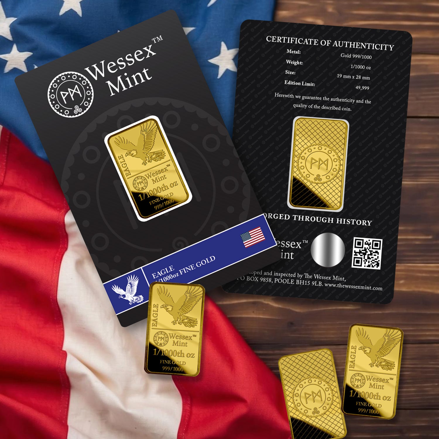Wessex Mint 1/1000th oz Eagle Solid Gold Bar