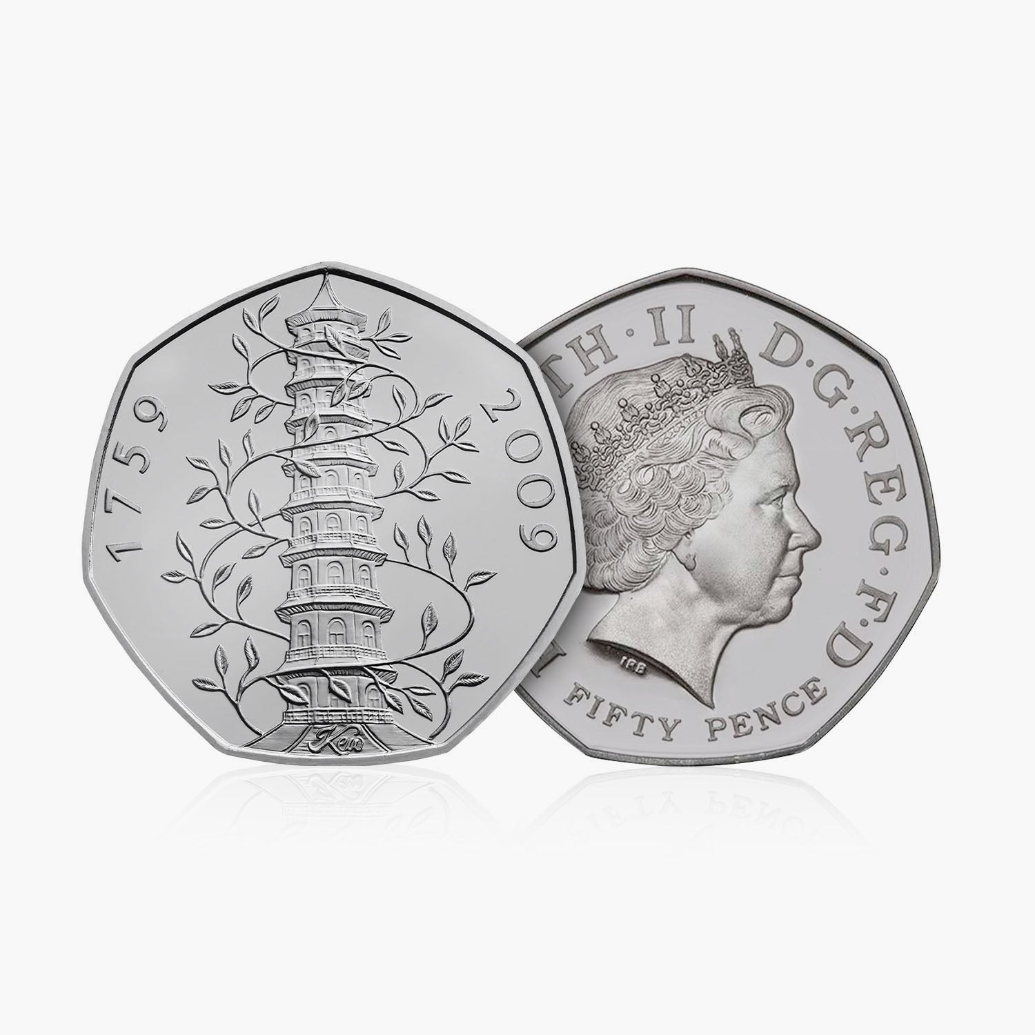 Moneda de 50 peniques del 250 aniversario de Kew Gardens circulada en 2009