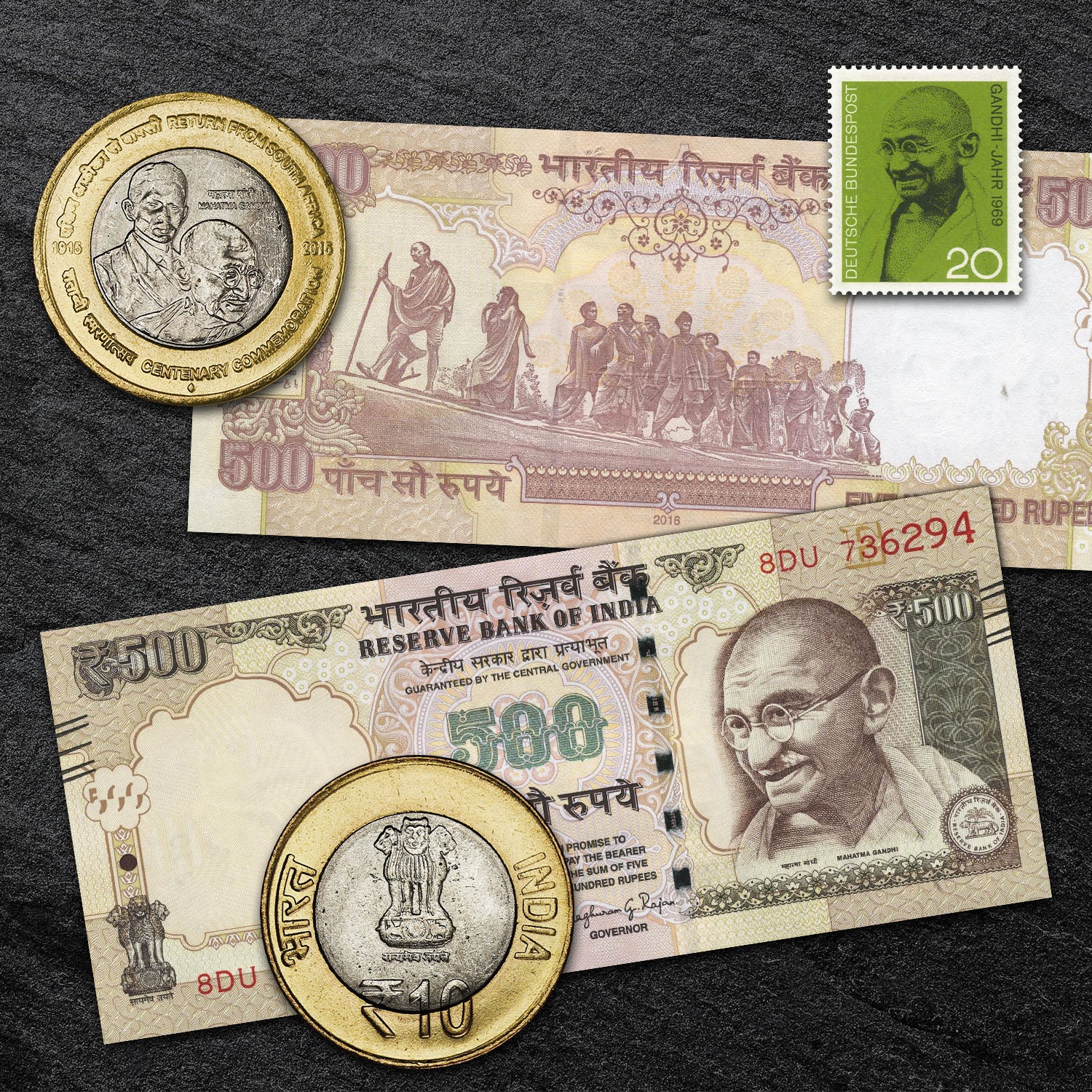 Mahatma Gandhi coin, banknote and stamp set