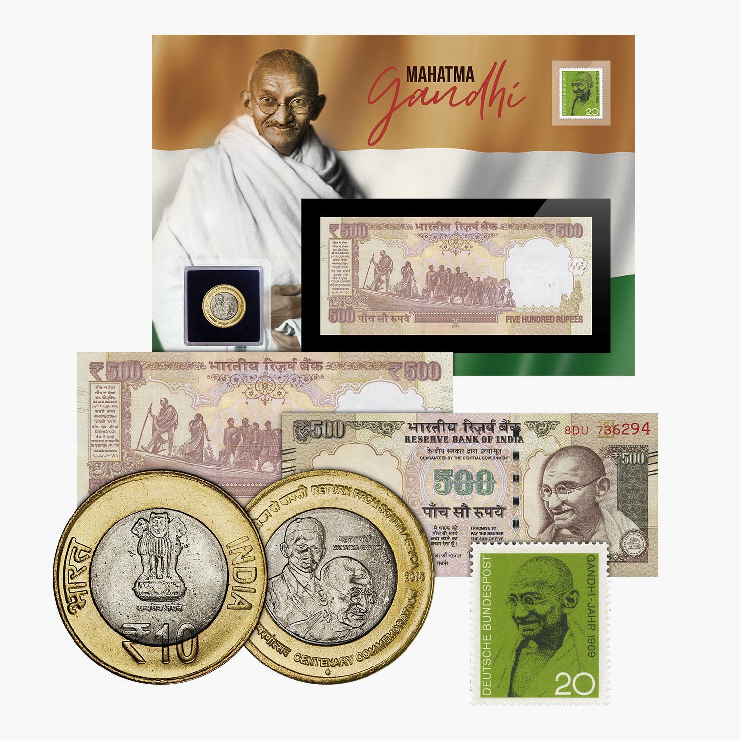 Mahatma Gandhi coin, banknote and stamp set