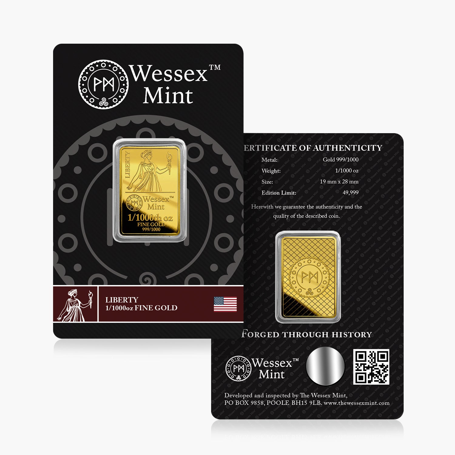 Wessex Mint 1/1000th oz Liberty Solid Gold Bar