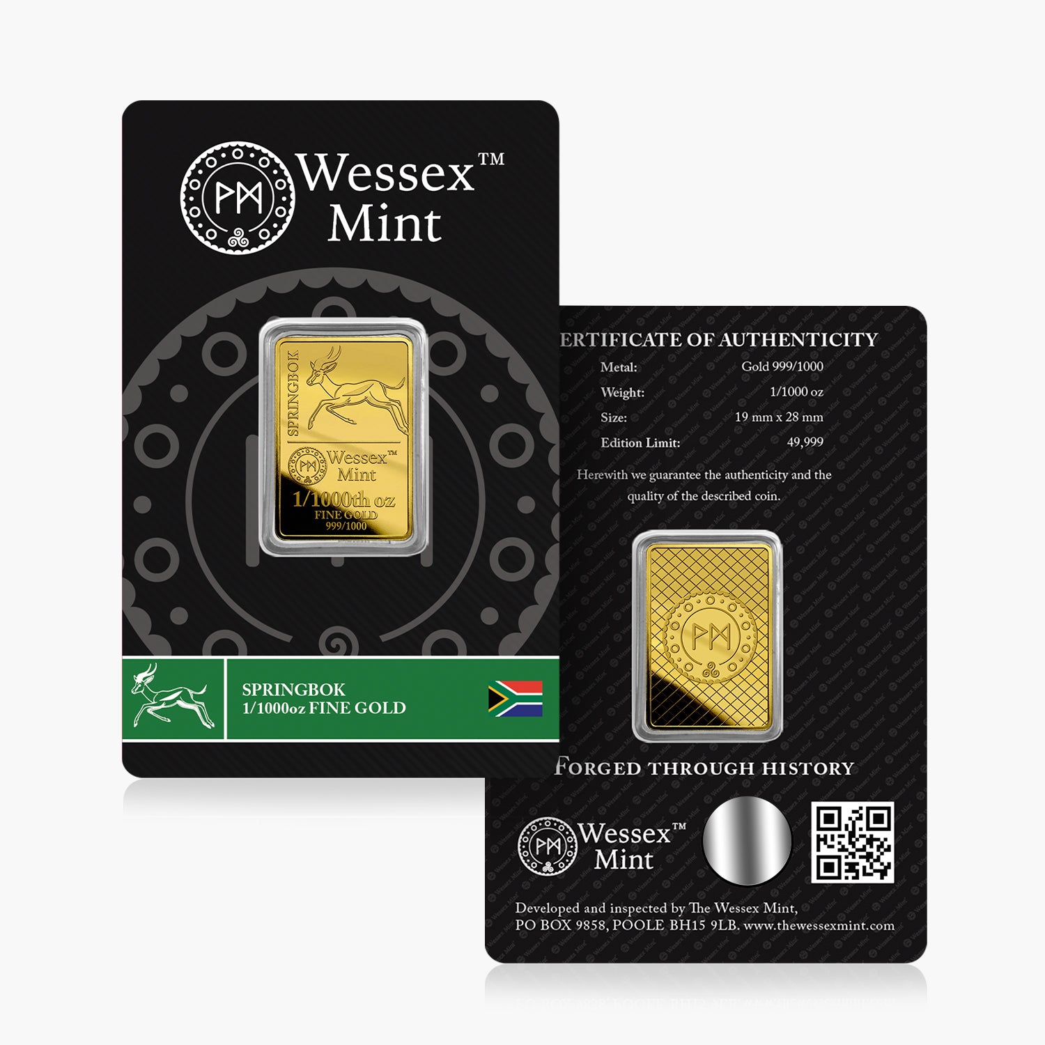 Wessex Mint 1/1000th oz Springbok Solid Gold Bar