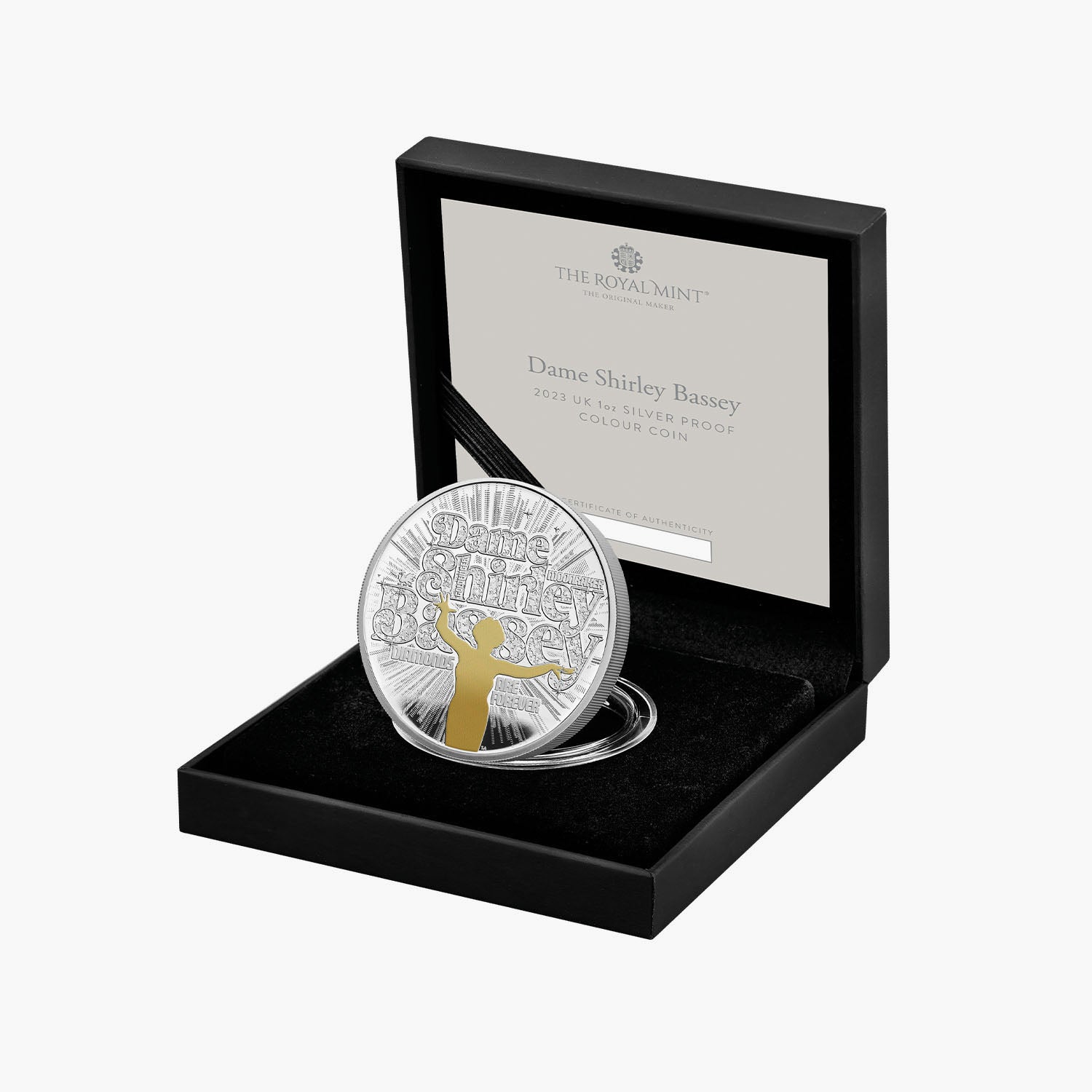 Dame Shirley Bassey 2023 Pièce d'argent couleur de qualité épreuve numismatique britannique de 1 once