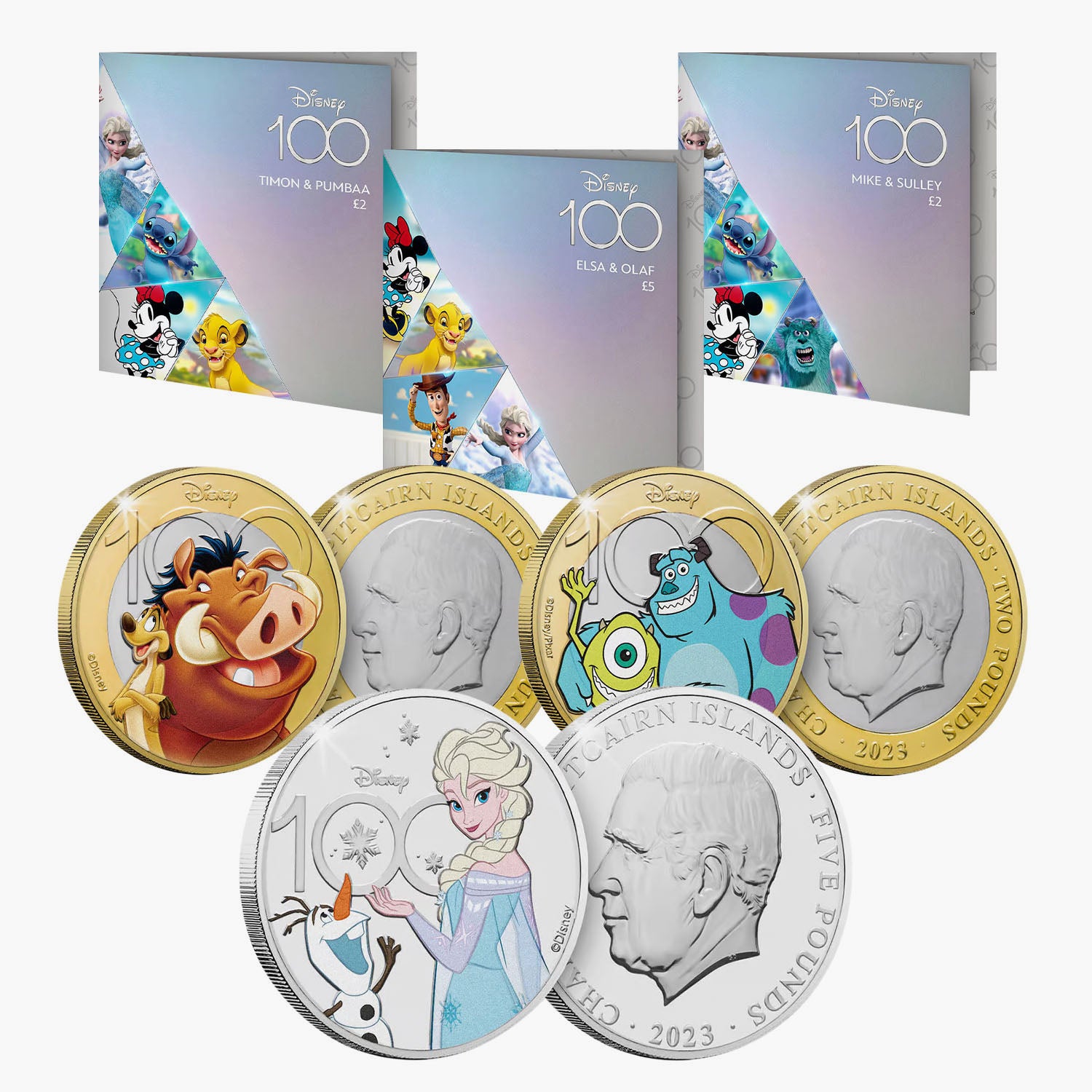 Lot de pièces colorées Disney 100e anniversaire 2023 de 2 £ et 5 £