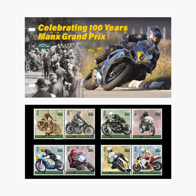100e anniversaire des timbres du Grand Prix de moto de l'île de Man