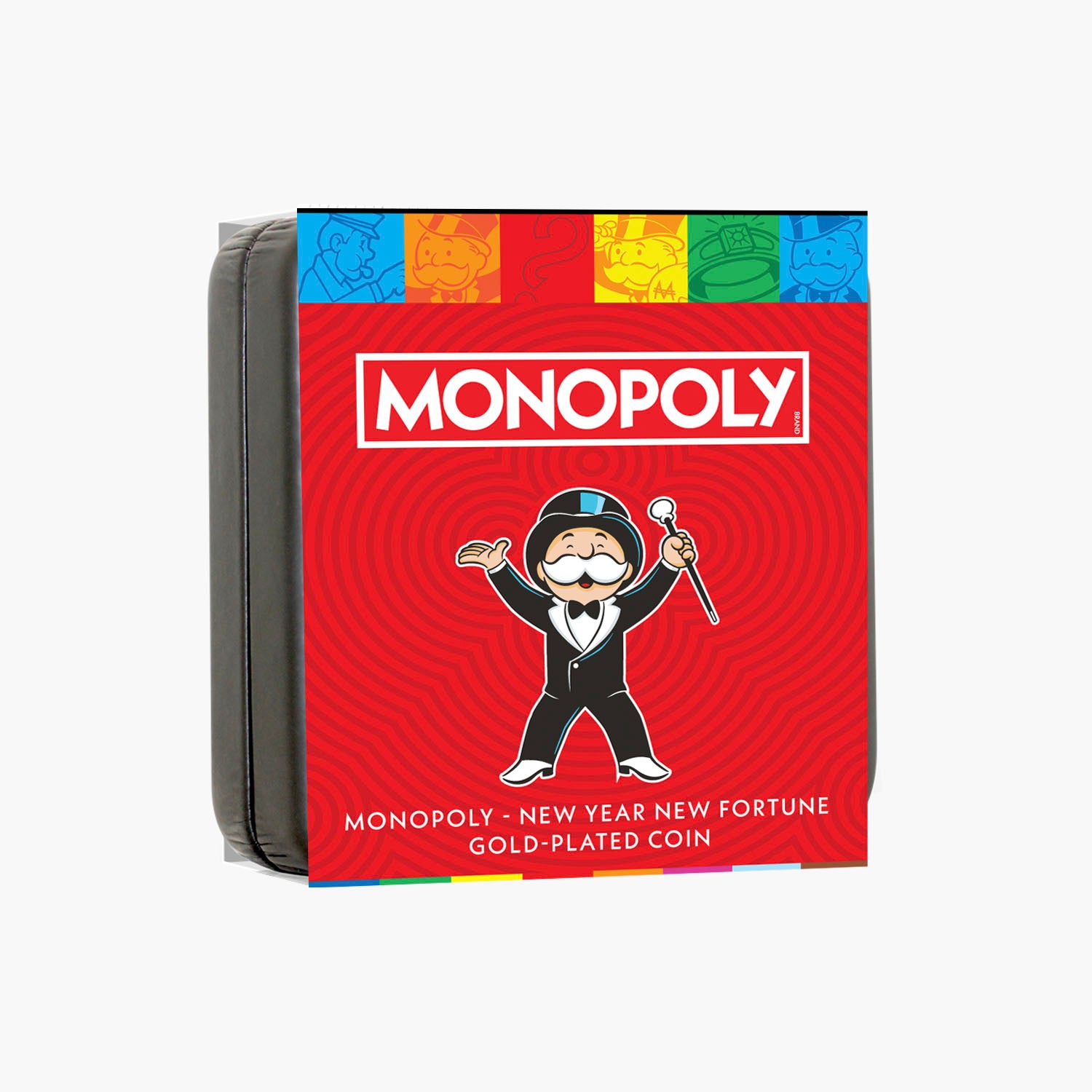 Monopoly packaging with a character holding a gold coin on a red background