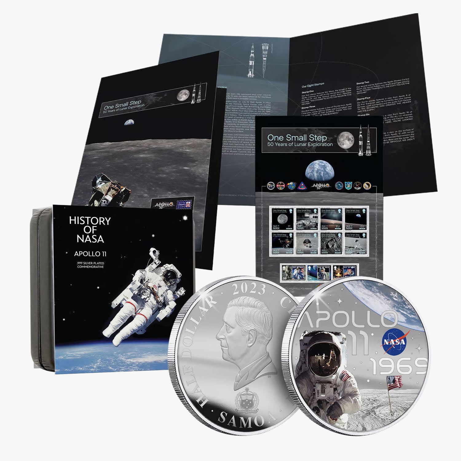 Lot de pièces et timbres en argent de 50 mm Apollo 11 de la NASA