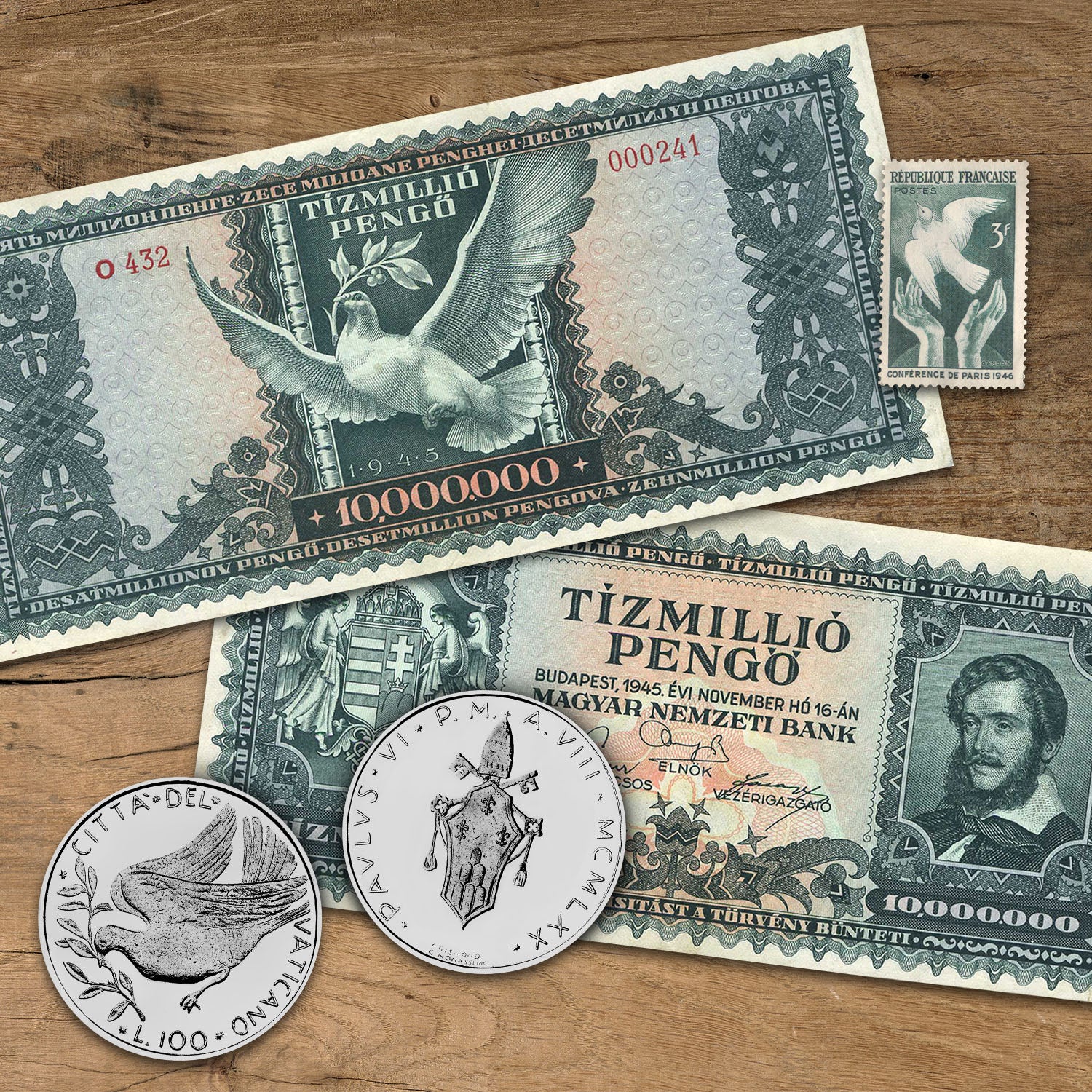 Collection de pièces de monnaie, de billets et de timbres des symboles de la paix
