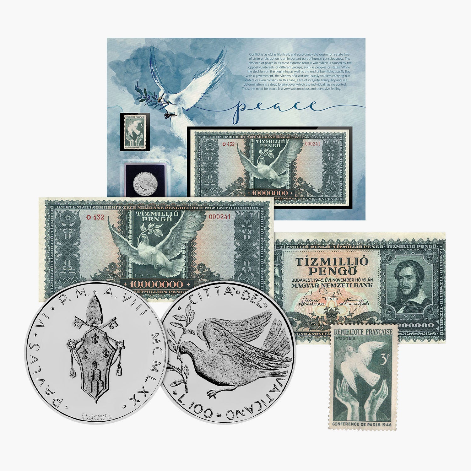 Collection de pièces de monnaie, de billets et de timbres des symboles de la paix