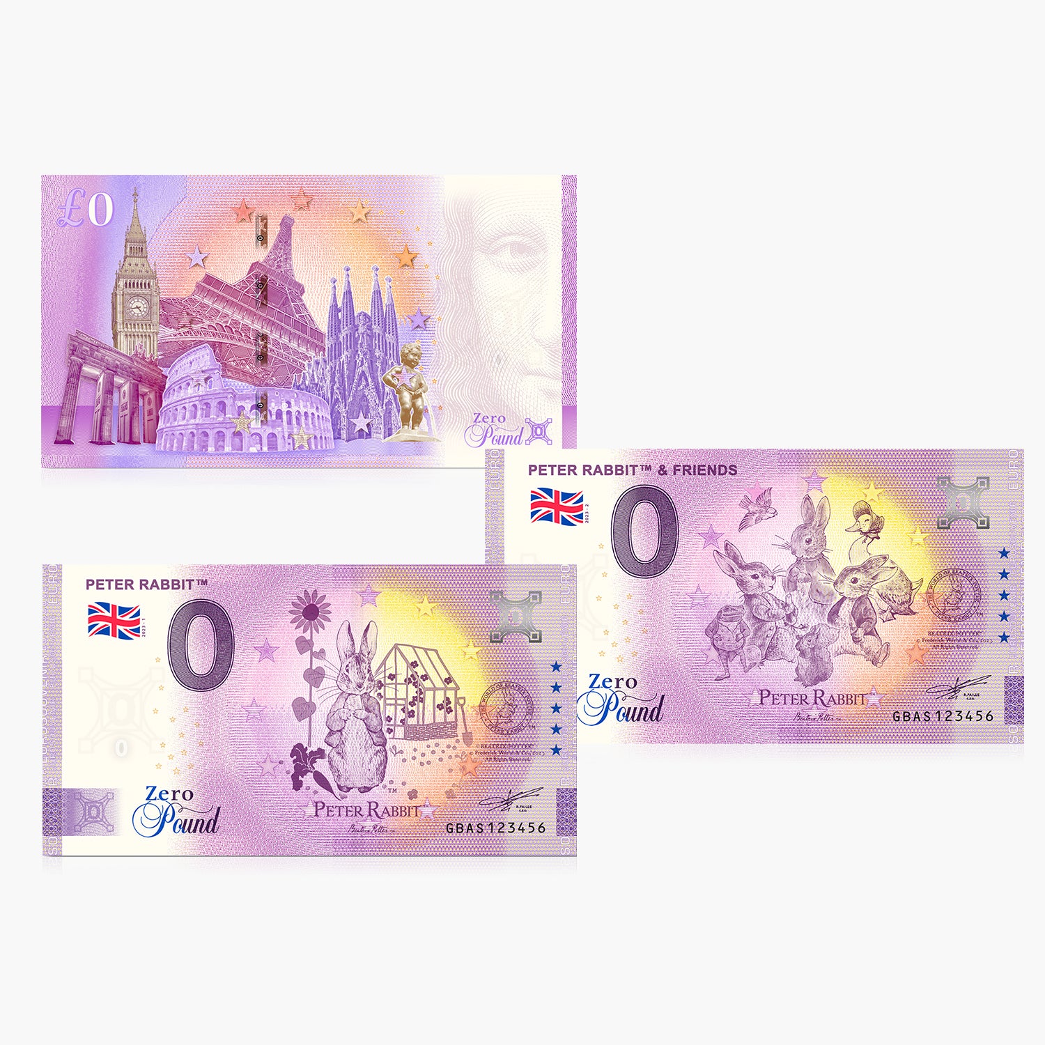 Ensemble de billets de banque à 0 £ Le monde de Pierre Lapin