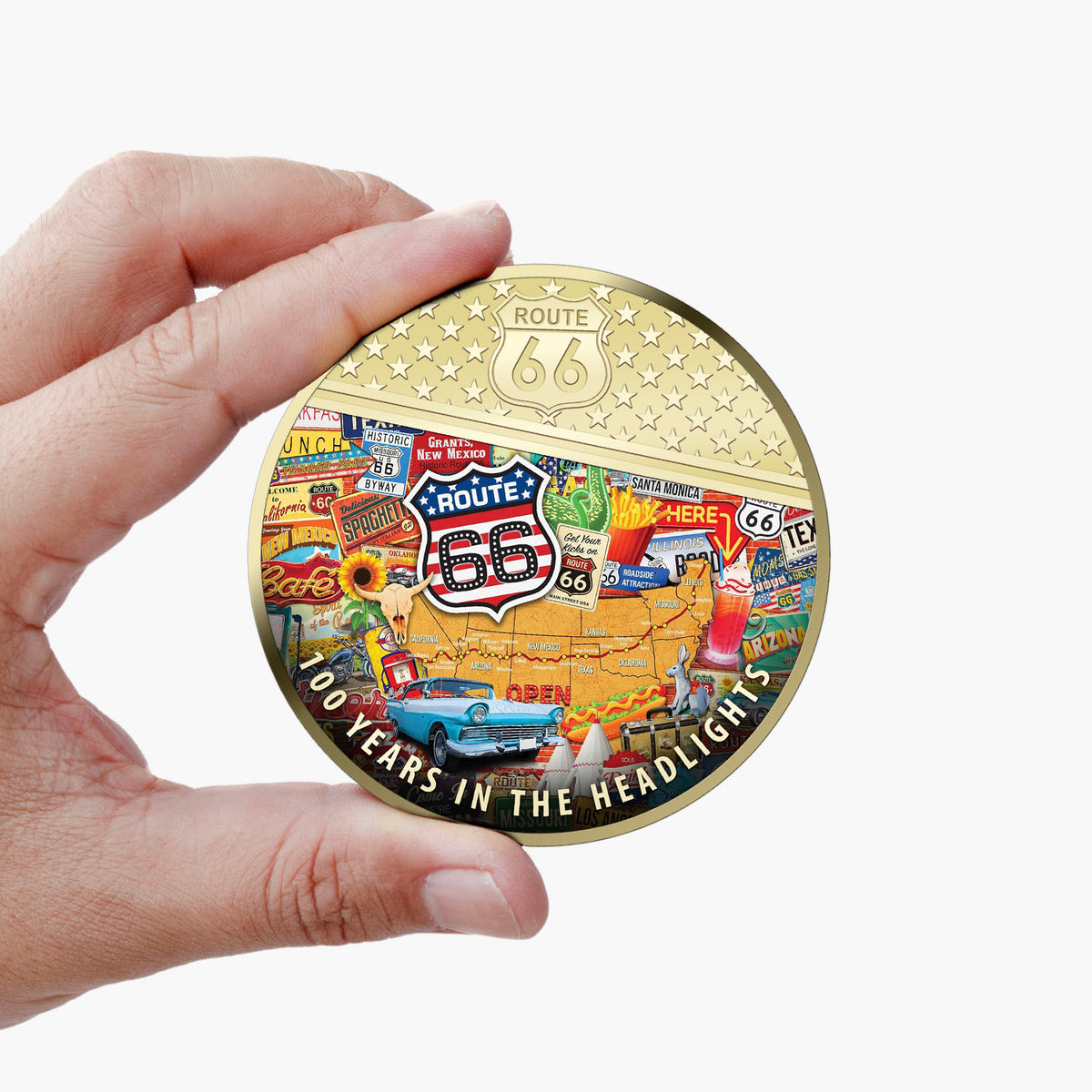 100 years in Headlights Route 66 50mm Commemorative