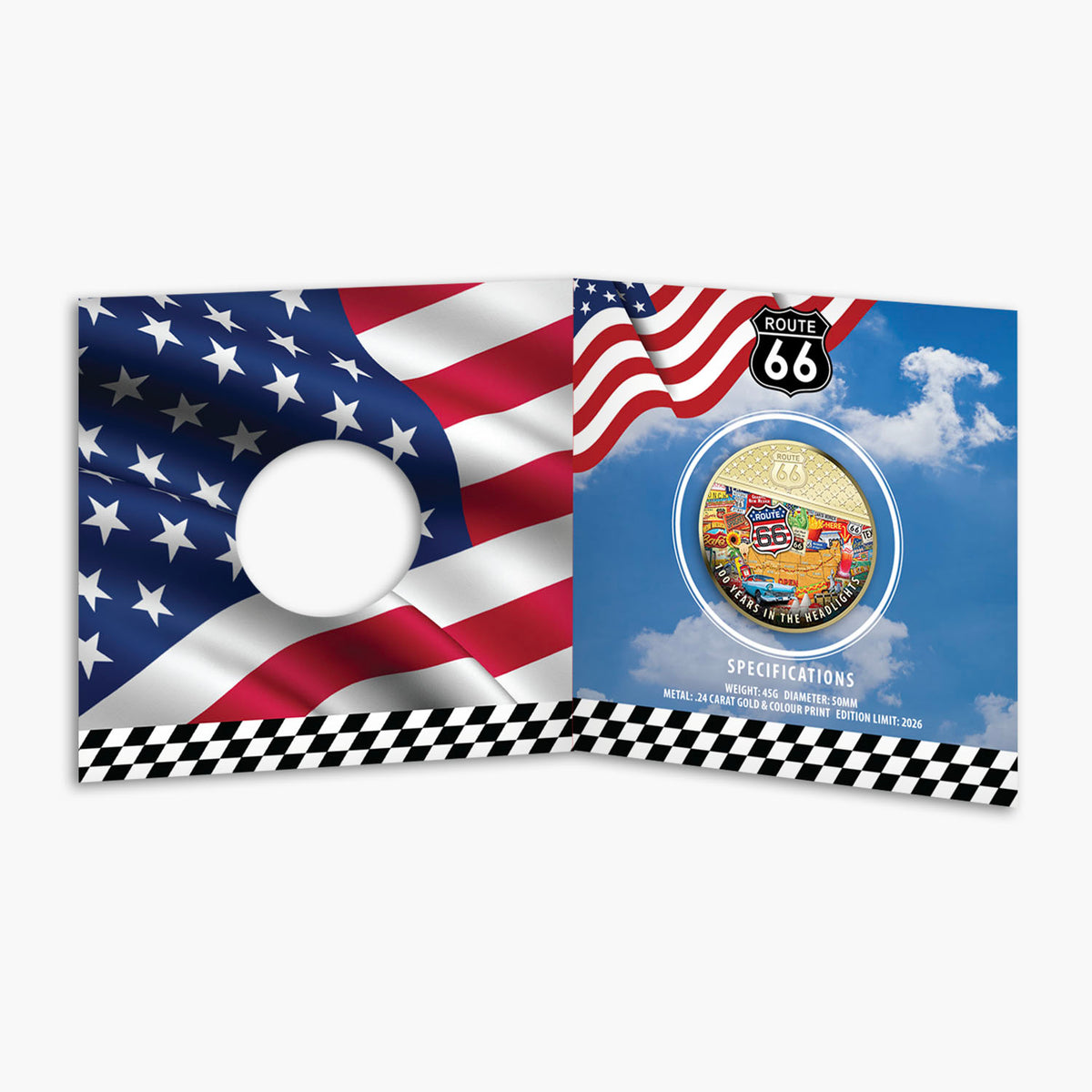 100 years in Headlights Route 66 50mm Commemorative