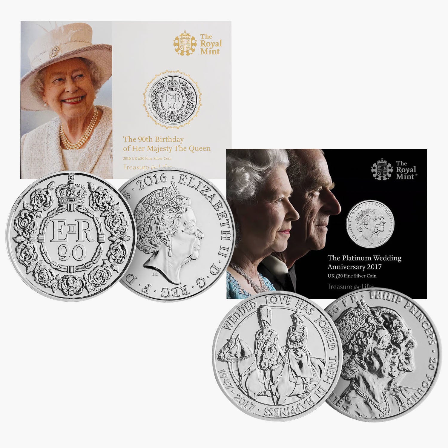 Lot de pièces de 20 £ en argent fin de la reine Elizabeth II