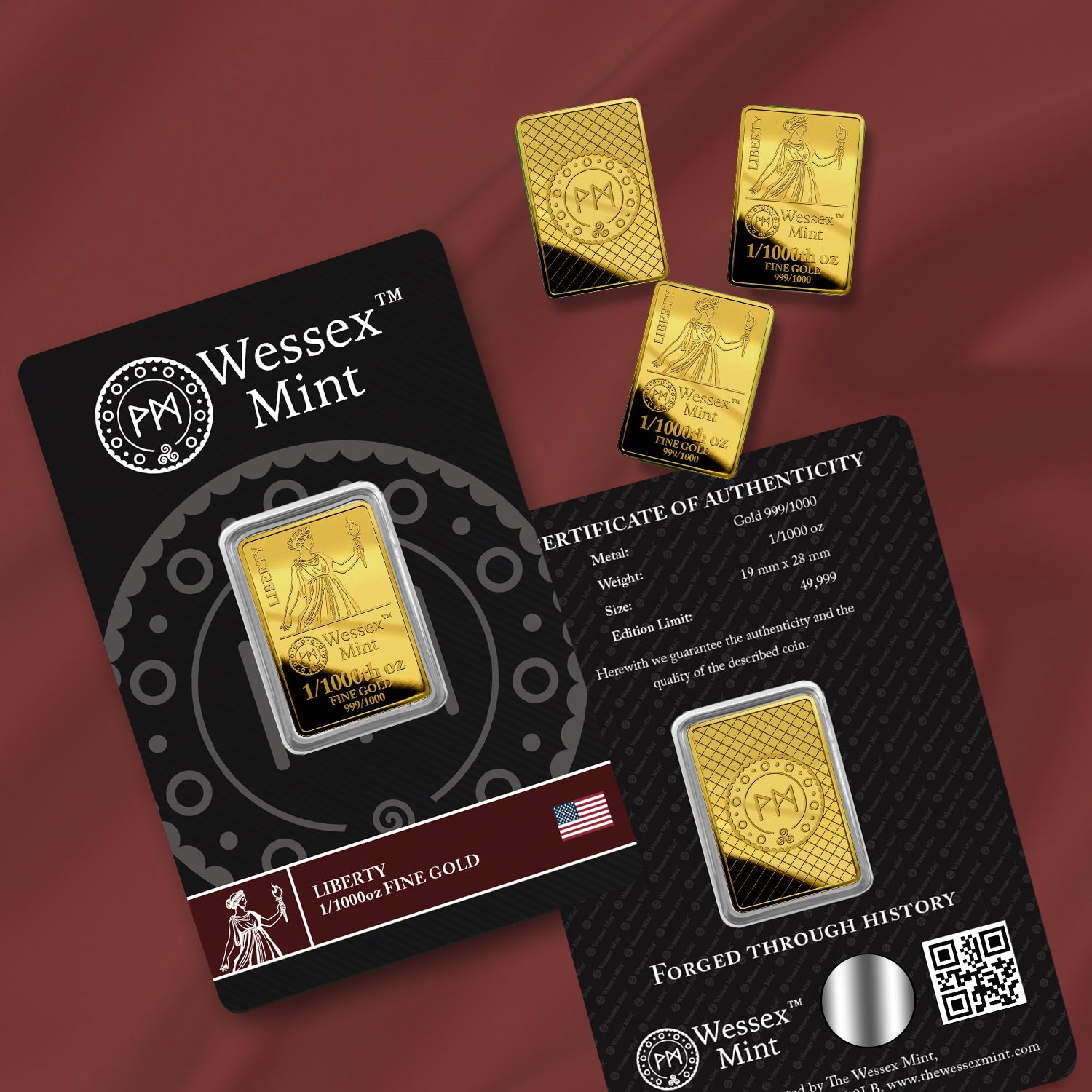 Wessex Mint 1/1000th oz Liberty Solid Gold Bar