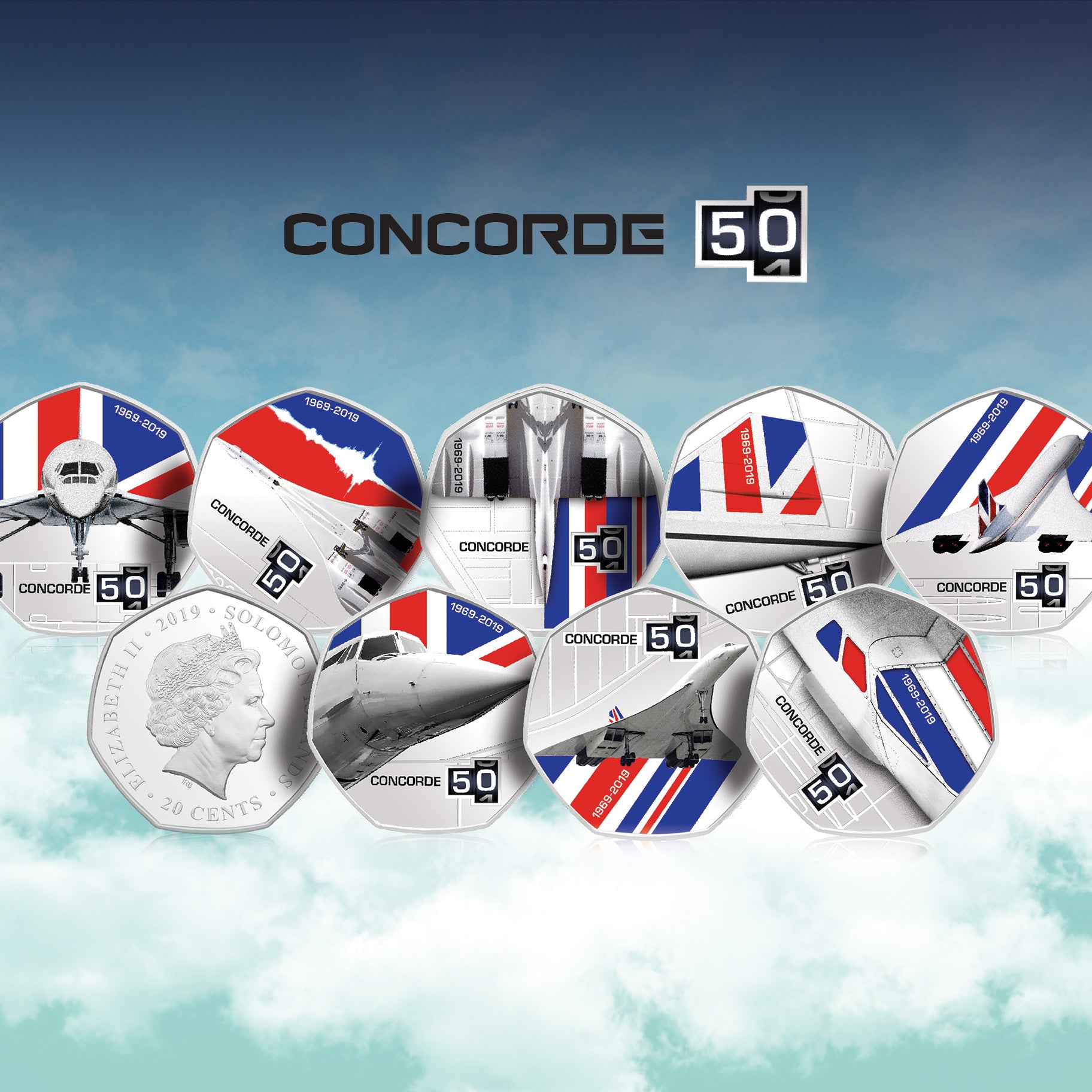 Collection complète de pièces de monnaie BU du 50e anniversaire de Concorde