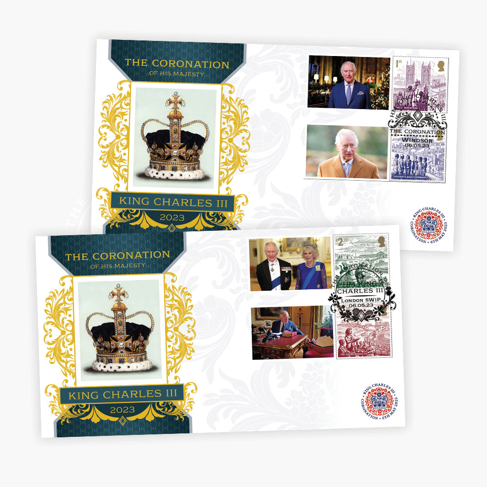 Paire de timbres de couronnement du roi Charles III du 6 mai, couverture premier jour