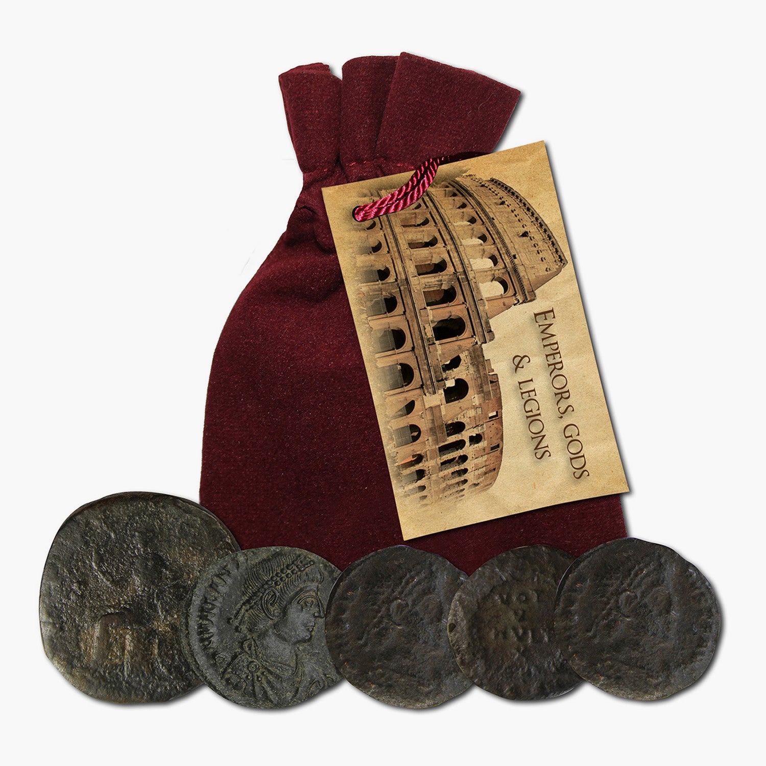 Empereurs, dieux et légions - Cinq pièces de monnaie anciennes dans un sac en velours