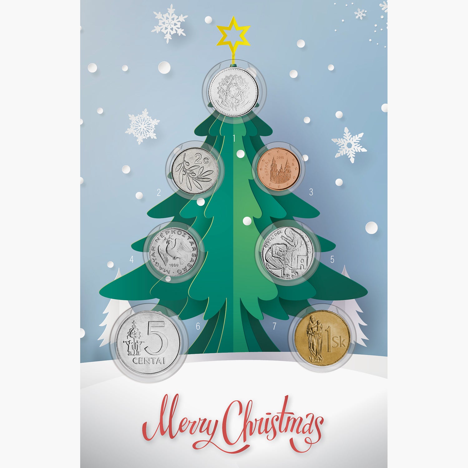 بطاقة شجرة عيد الميلاد من العملات المعدنية