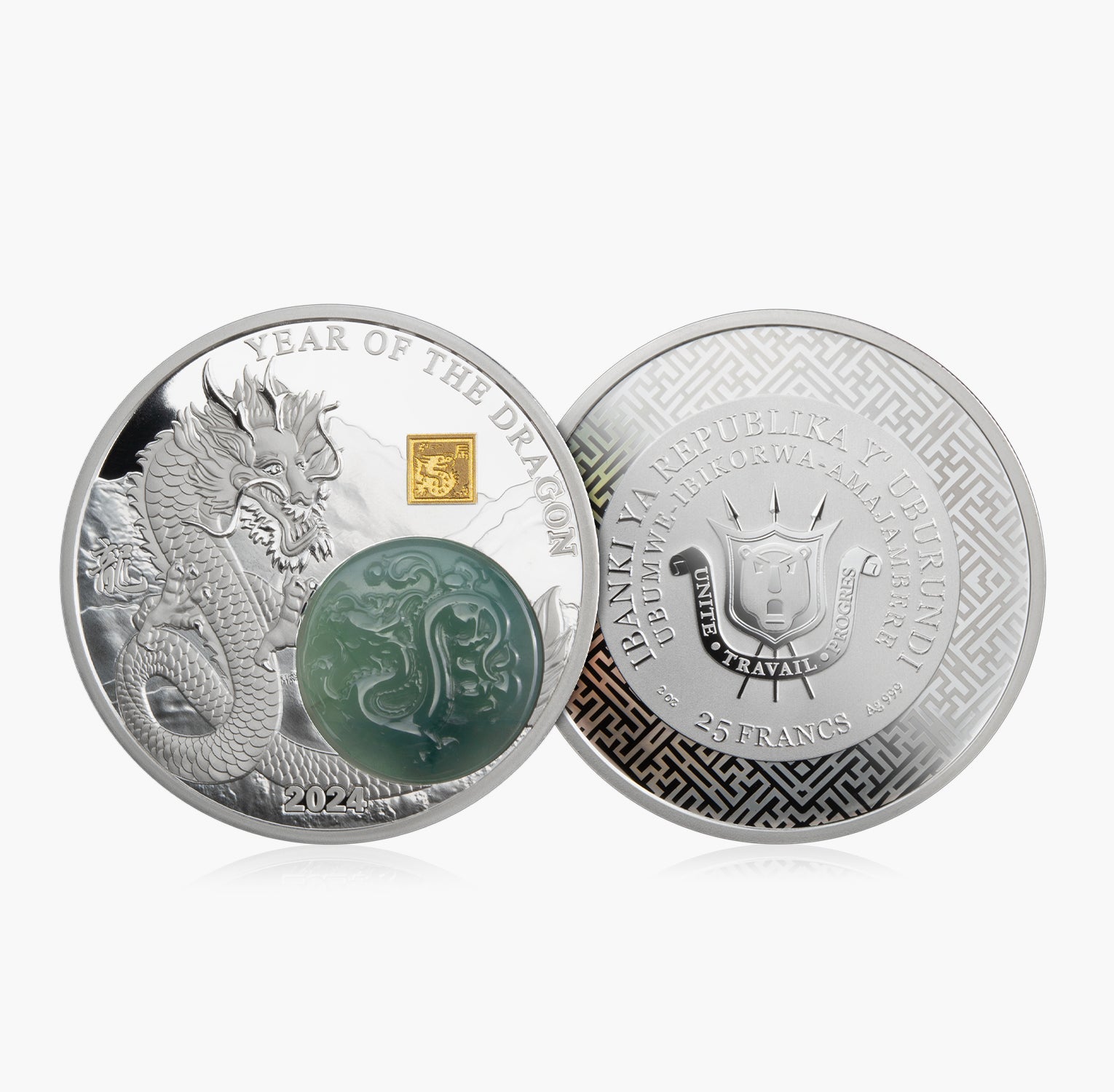Lunar Year Of The Dragon 2oz Silver Coin With a Natural Jade Stone