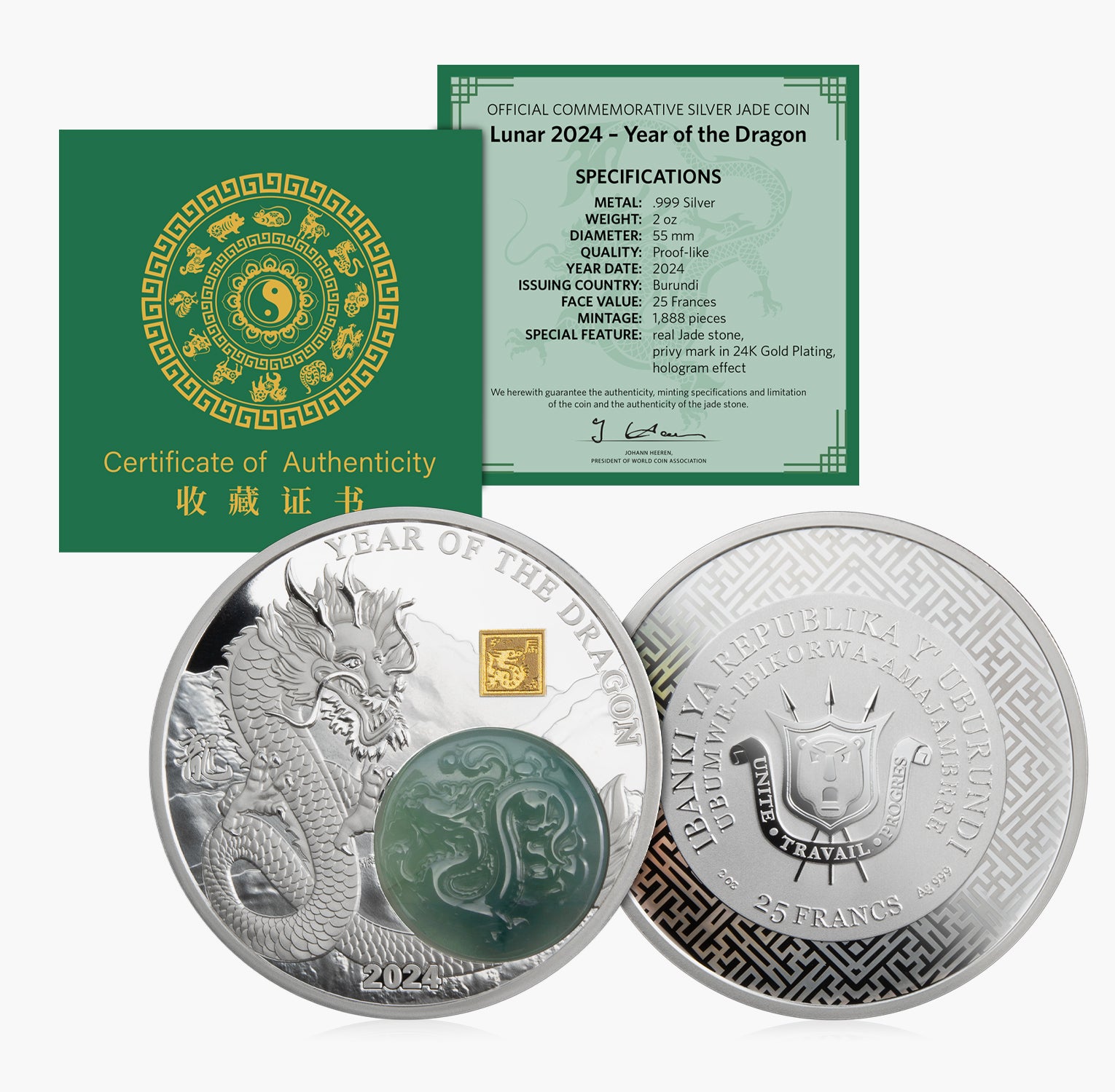 2024 Lunar Year Of The Dragon 2oz Silver Coin With a Natural Jade Stone